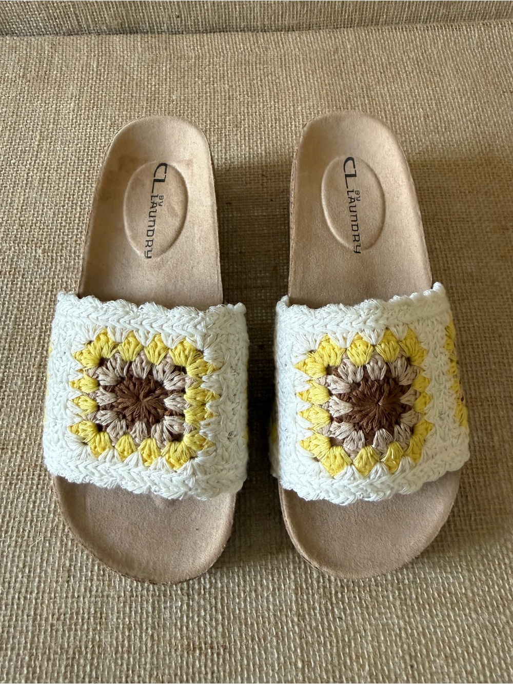 CL by Laundry Crochet Strap Slide Sandals in Cream & Tan